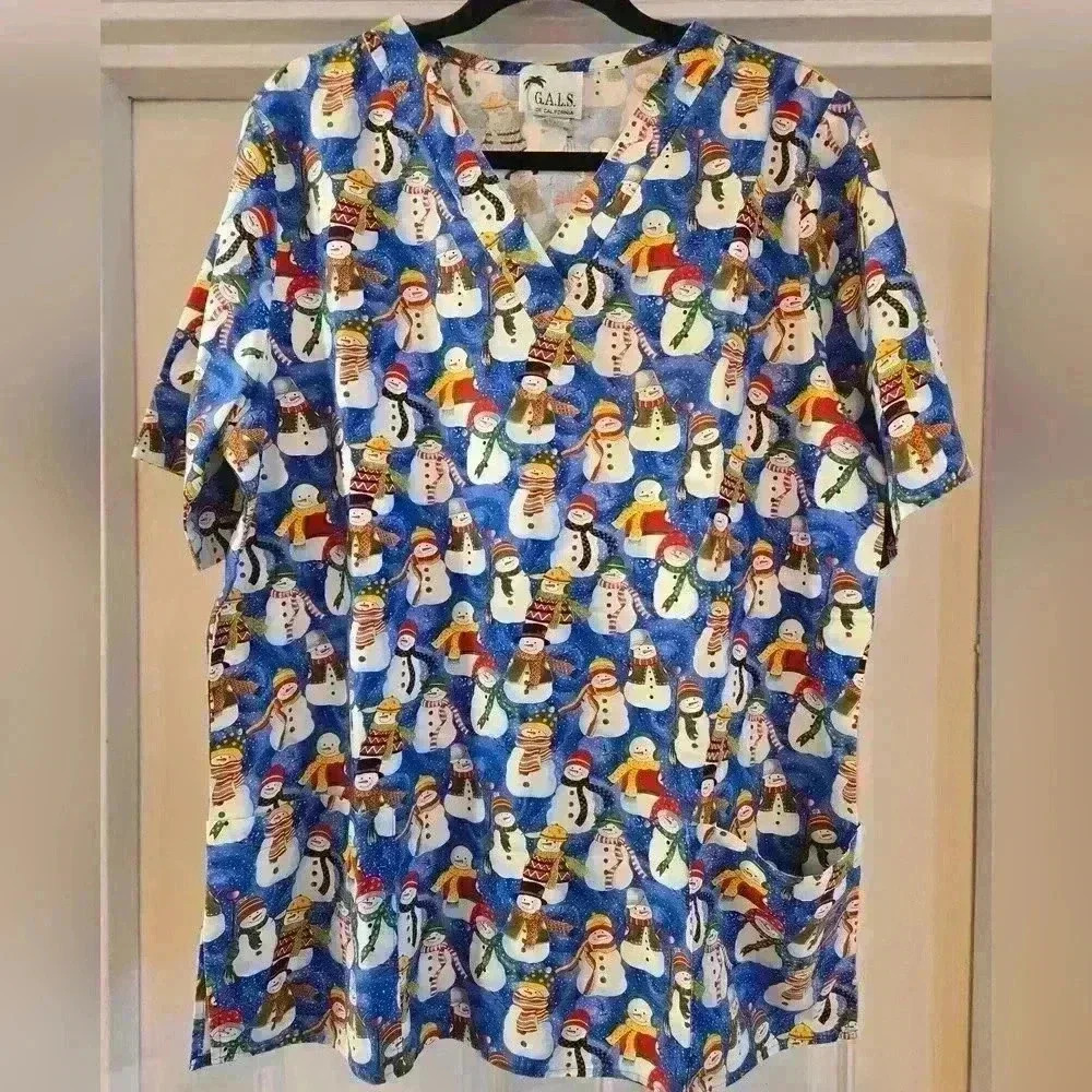 G.A.L.S. Cotton Snowman Holiday Scrubs Top Blue Womens Size Medium
